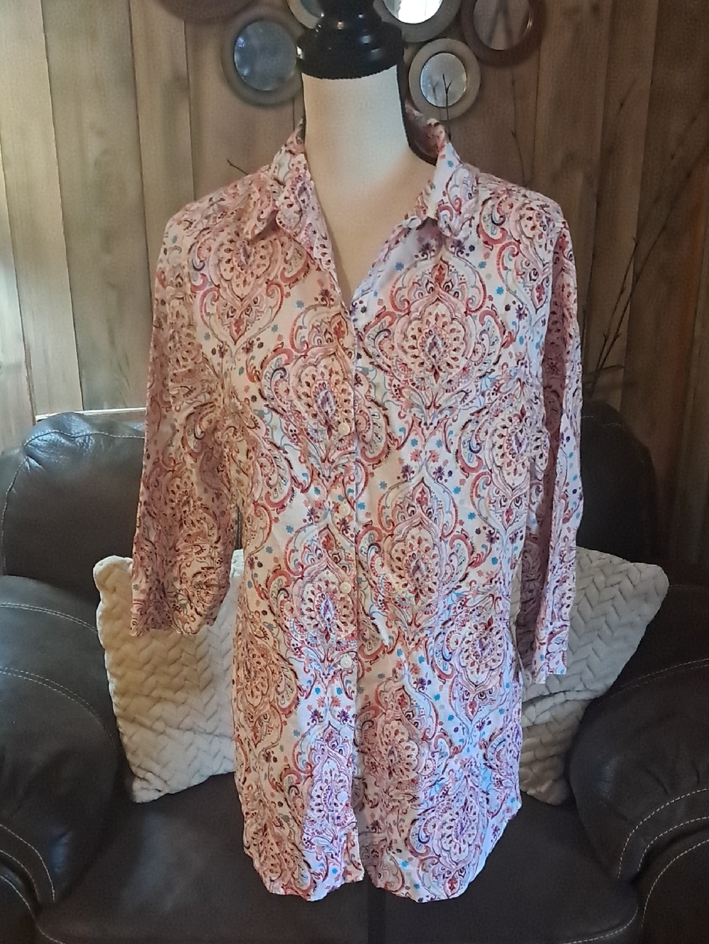 Chico’s No Iron Linen Button Down Paisley 3/4 Sleeve Shirt Size L Resortwear